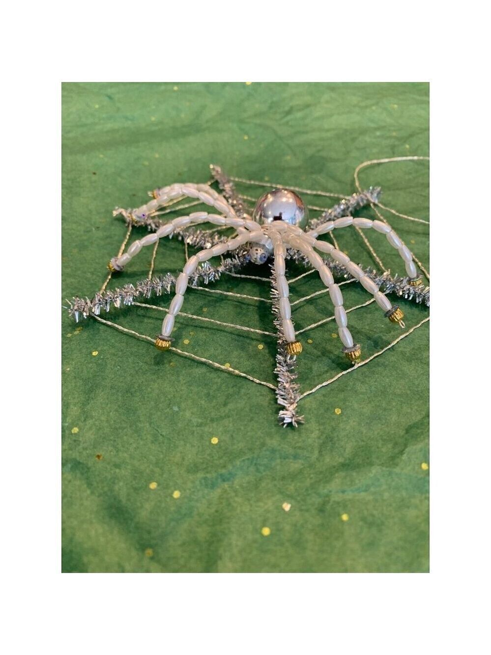 Christmas Spider Ornament 5 in Handcrafted Beaded Holiday Festive Gift Silver